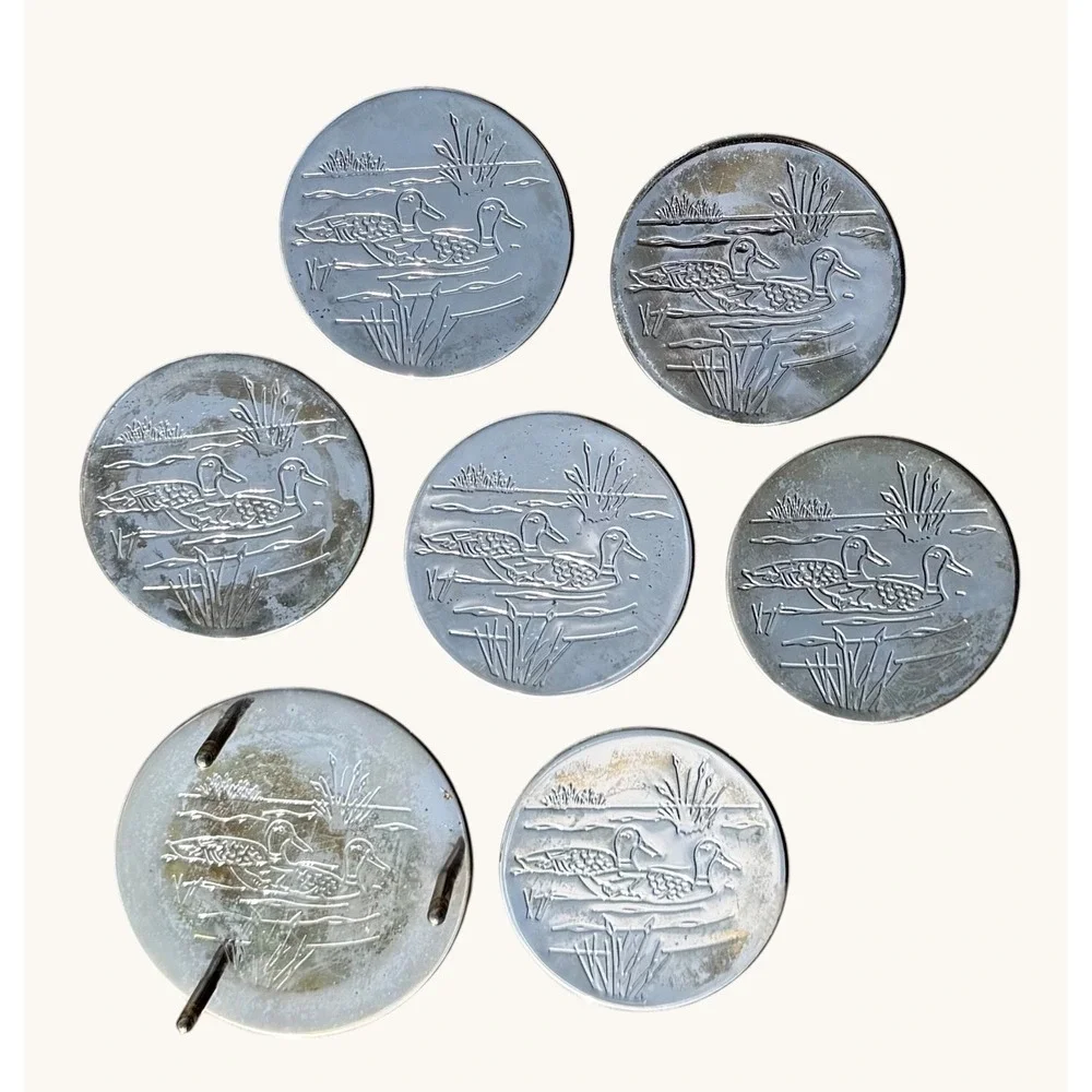 Vintage Duck Coasters Set of 6 with Holder Silver Plated